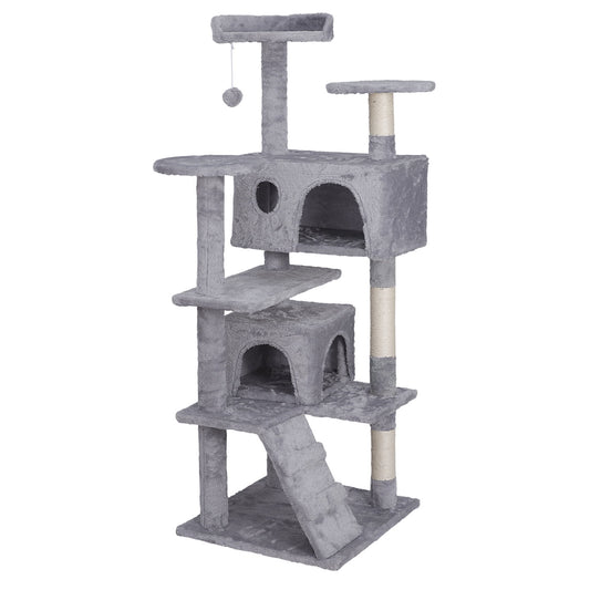 ZENY 55" Multi-Level Cat Tree Condo Furniture with Sisal-Covered Scratching Posts, 2 Plush Condos, Light Grey