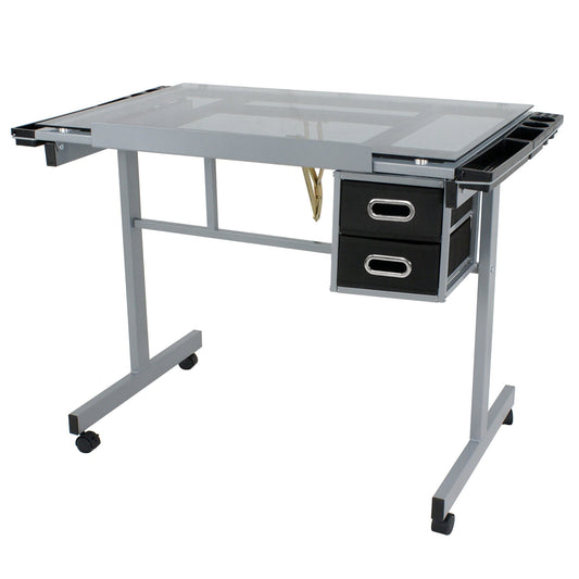 ZENY Drafting Table Craft with Glass Top Drawing Desk Art Work Station