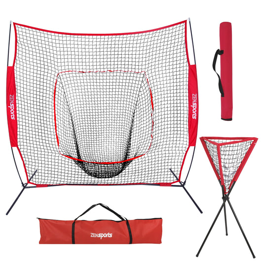 Zeny 7' x 7' Baseball Softball Practice Net with Bow Frame,Carry Bag+Foldable Ball Caddy